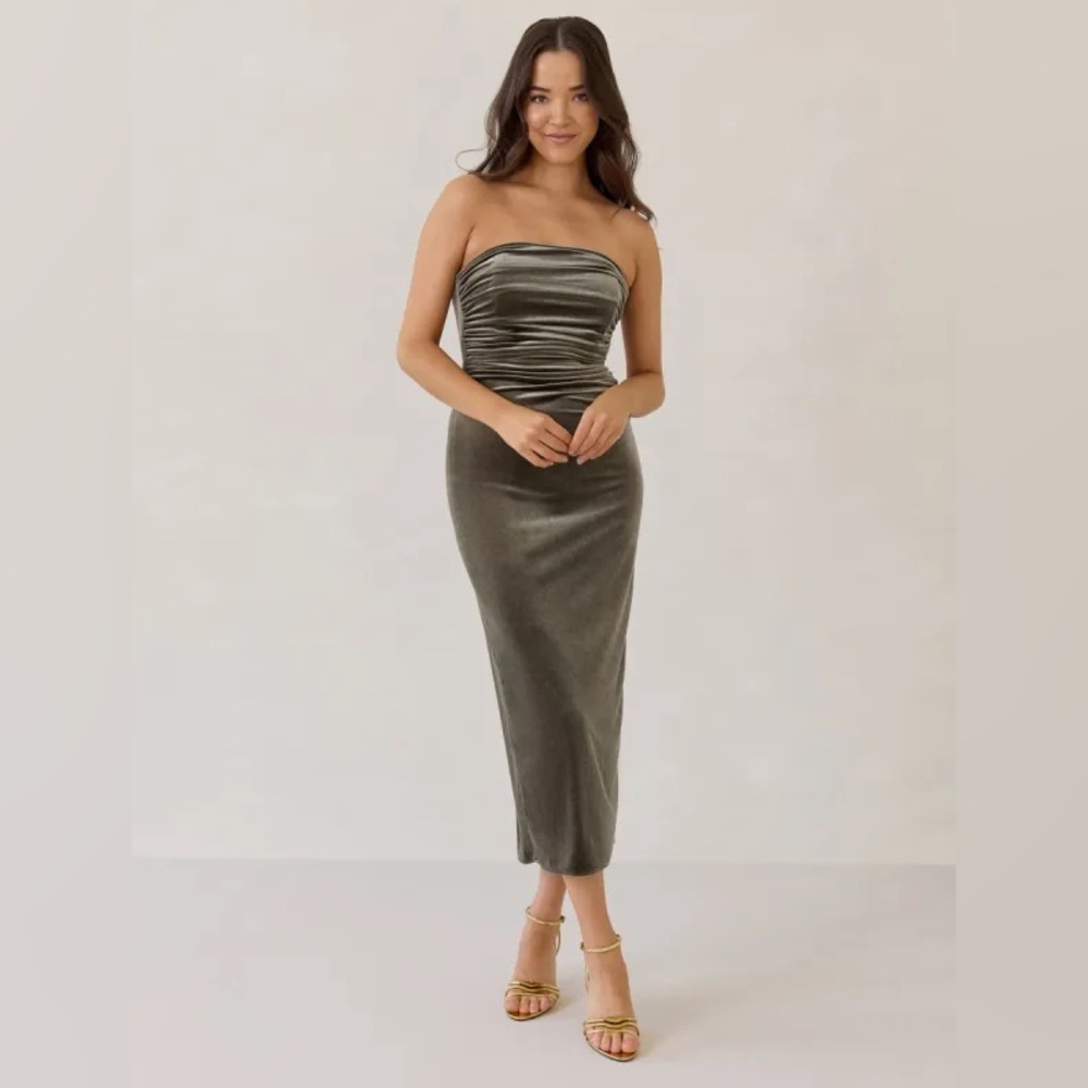 Park & Fifth Green Asymmetrical Ruched Strapless Dress